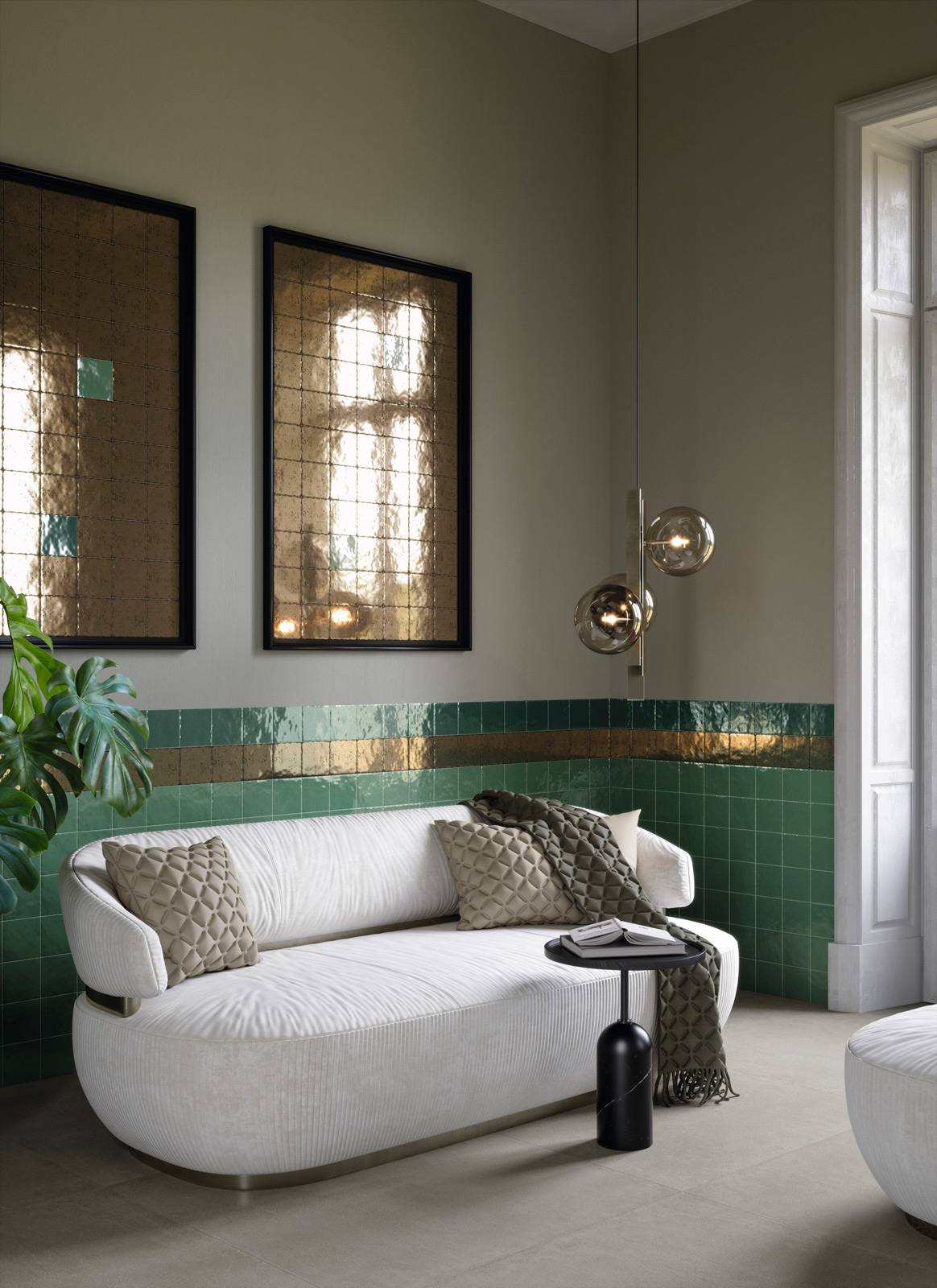 Iris Bottega d’Arte: woonkamer met muschio, avio en gouden accenten