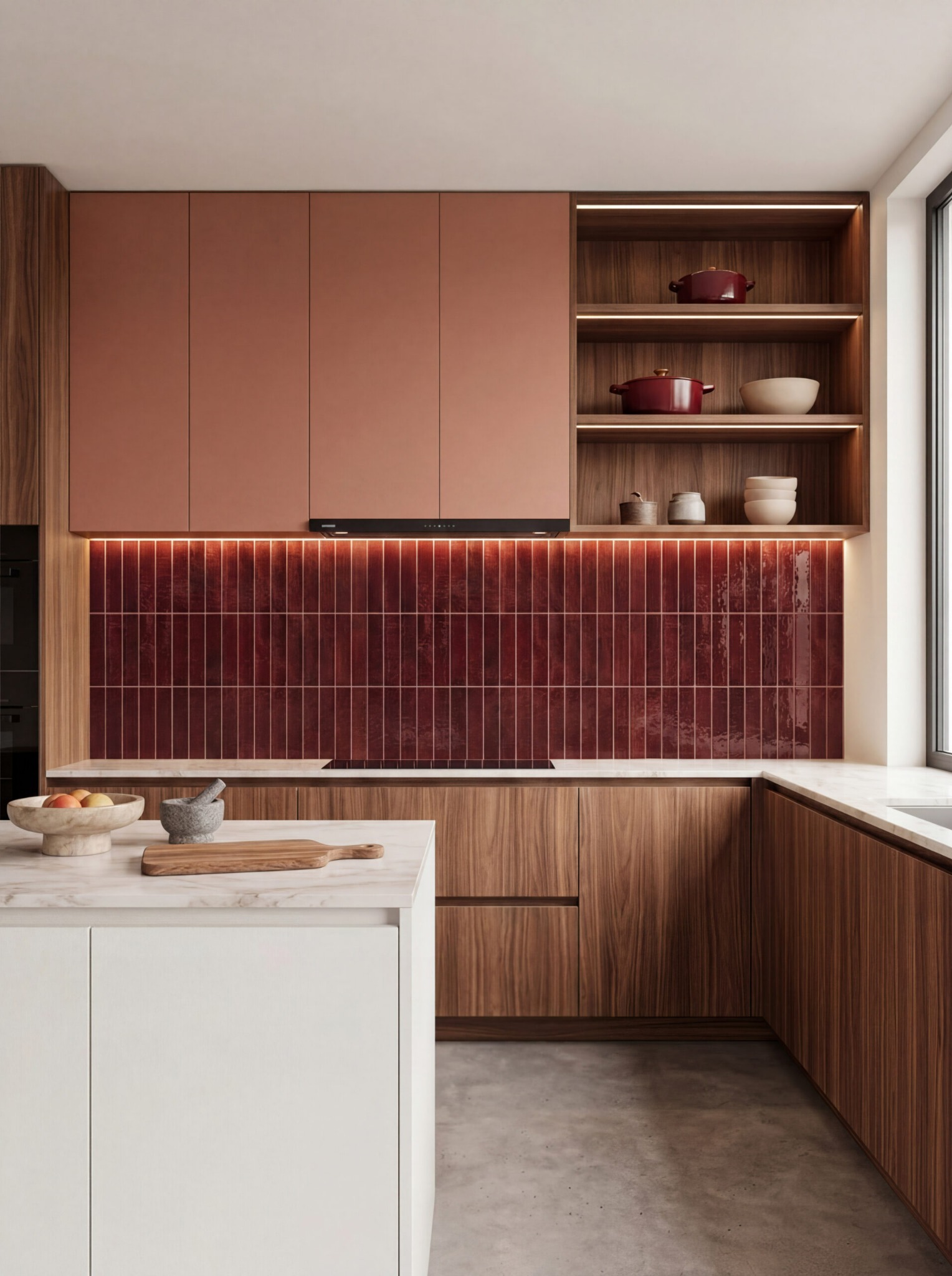 Keuken met glanzende bordeauxrode Sottocer Earth Burgundy wandtegels, warme houten kasten en een licht werkblad